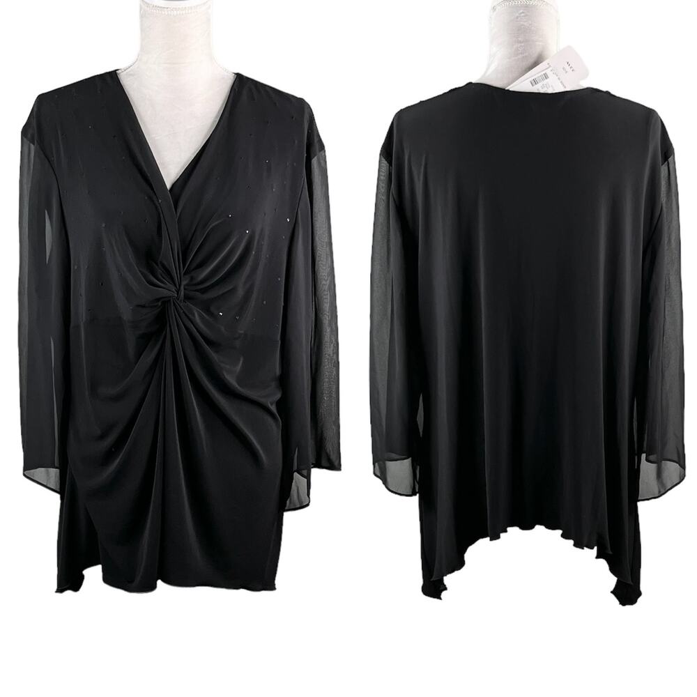 J.B.S. Women Top Black V-Neck Sequins Sheer Sleeves 22W New